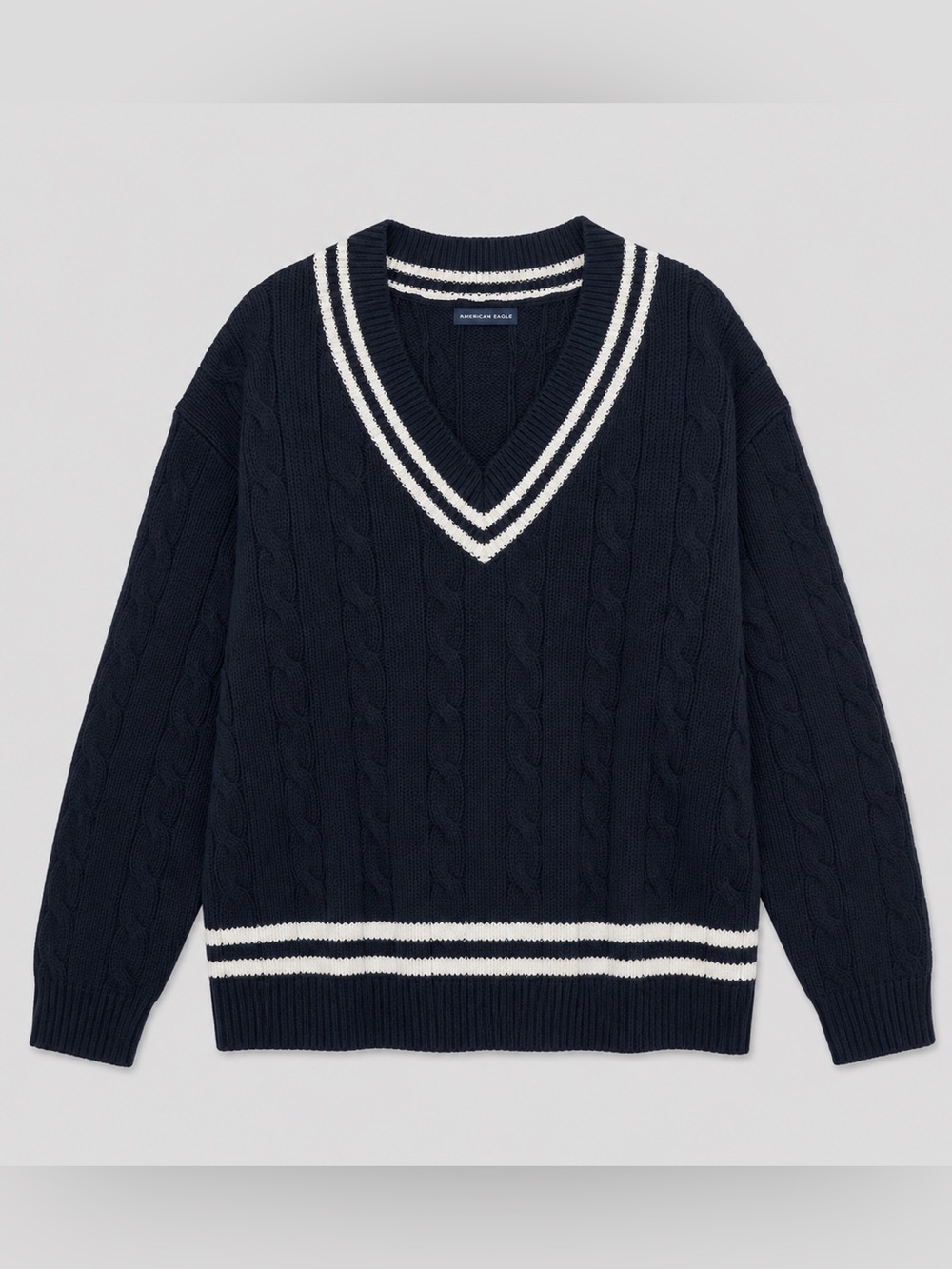 Y2K Wool Cable Knit Chunky Varsity V-Neck Sweater XL Preppy Coastal Oversized